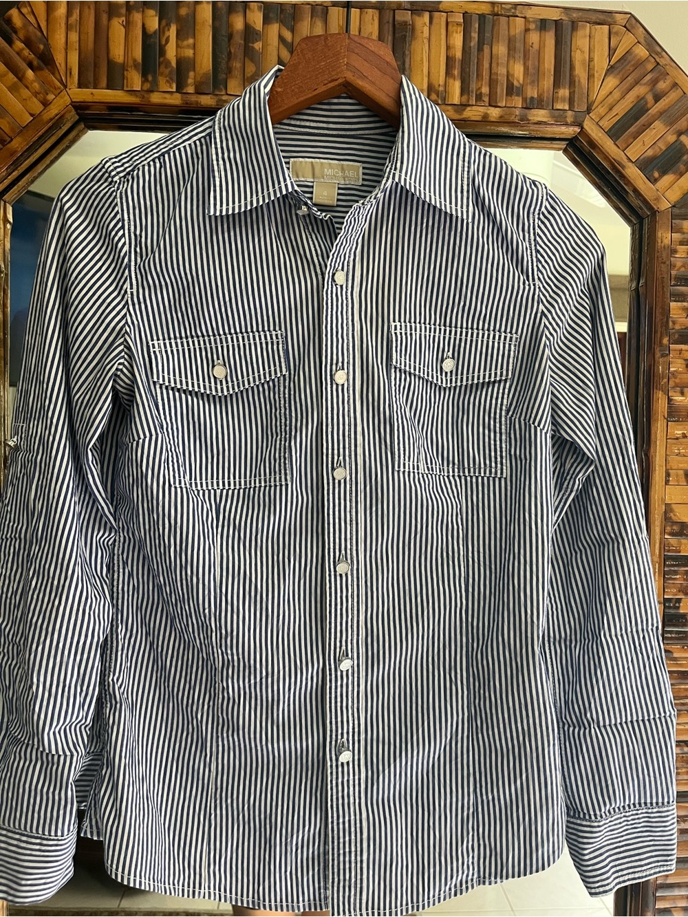 Women’s Navy and White Striped Button-Up Shirt - Classic Casual